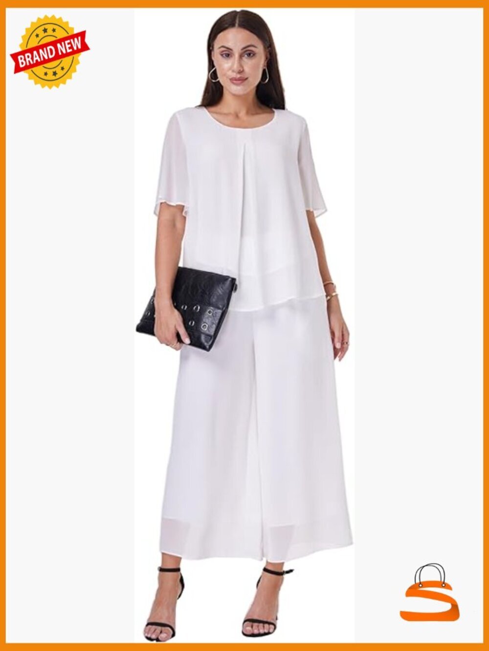 2 Piece Chiffon Pantsuit Set Flowy Double Layers Blouse Wide Leg Pants